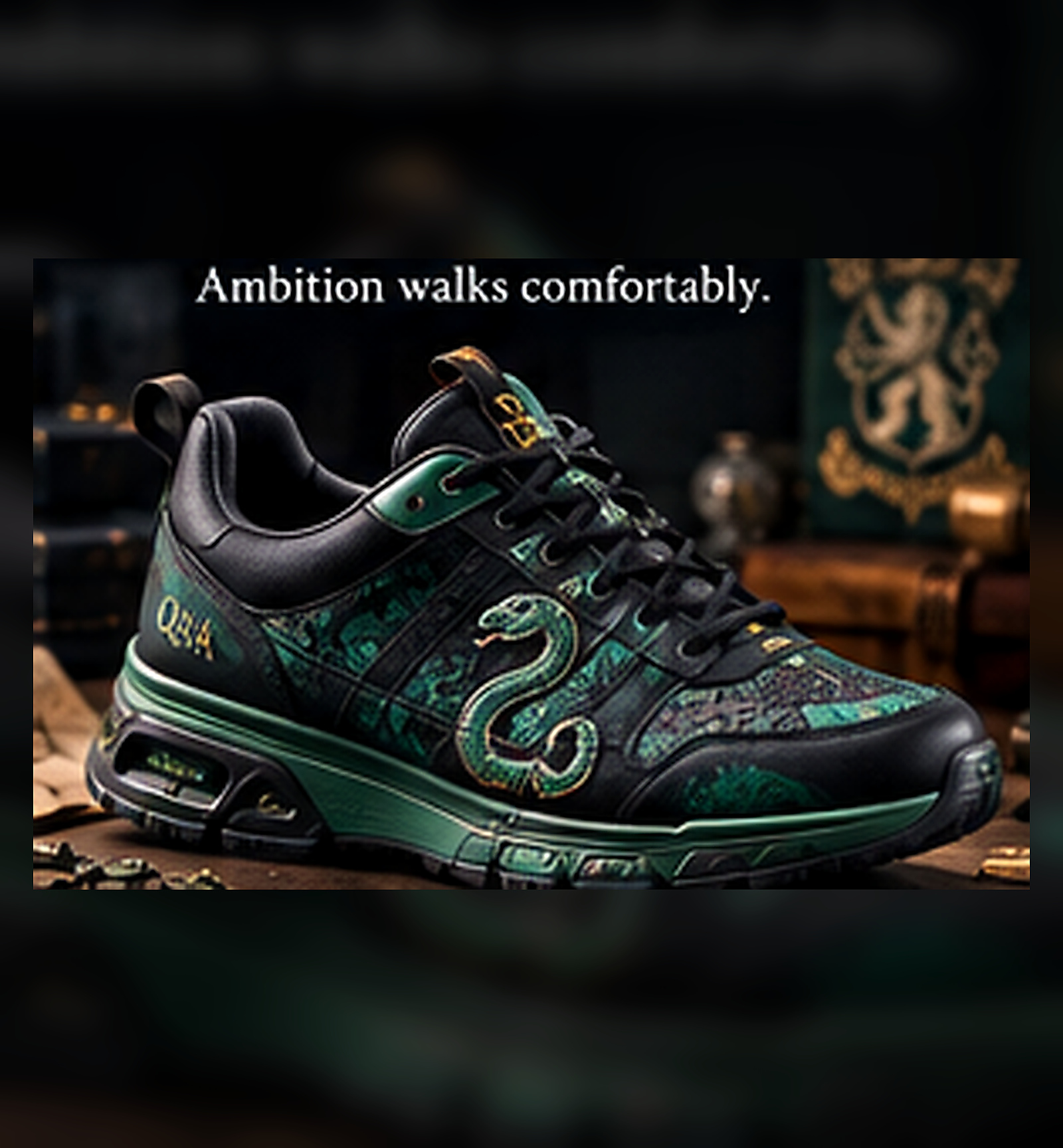 Black and green serpent-inspired sneaker